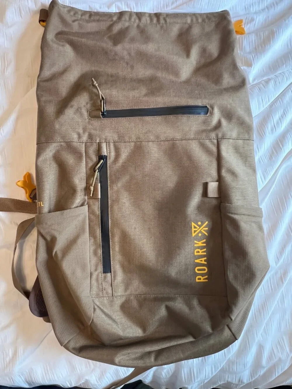 Roark Passenger 2.0 27L rolltop canvas backpack in toffee color (tan)